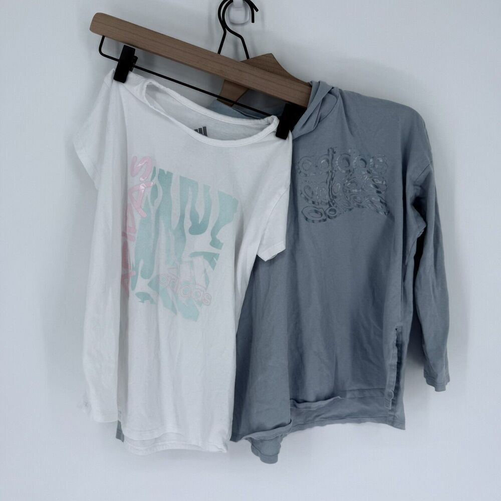 Adidas Lot Of (2) Girls Shirts Size Medium 10/12 White Blue